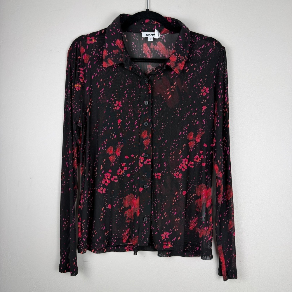 DKNY Shirt Top Womens Large Black Red Long Sleeve Collar Sheer Button Up Punk